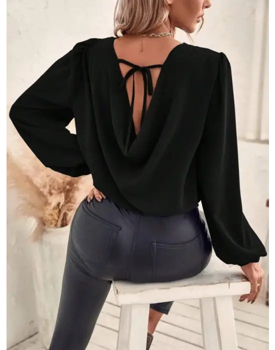 Kadın Uzun Kollu Yuvarlak Yaka Arkadan Bağcıklı Salaş Ithal Krep Bluz