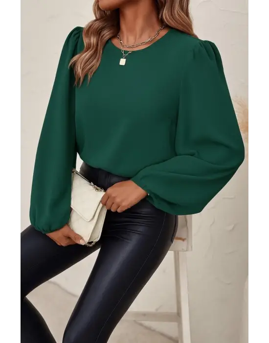 Kadın Uzun Kollu Yuvarlak Yaka Arkadan Bağcıklı Salaş Ithal Krep Bluz