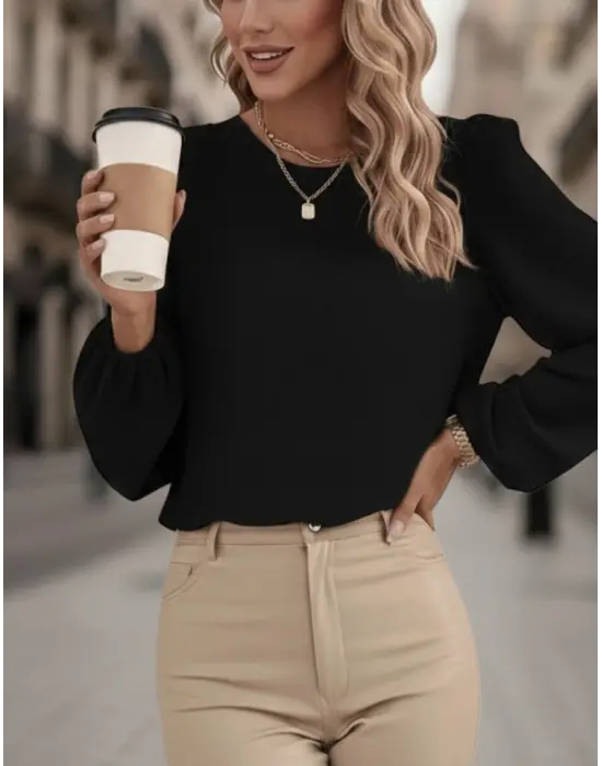Kadın Uzun Kollu Yuvarlak Yaka Arkadan Bağcıklı Salaş Ithal Krep Bluz