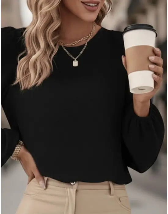 Kadın Uzun Kollu Yuvarlak Yaka Arkadan Bağcıklı Salaş Ithal Krep Bluz
