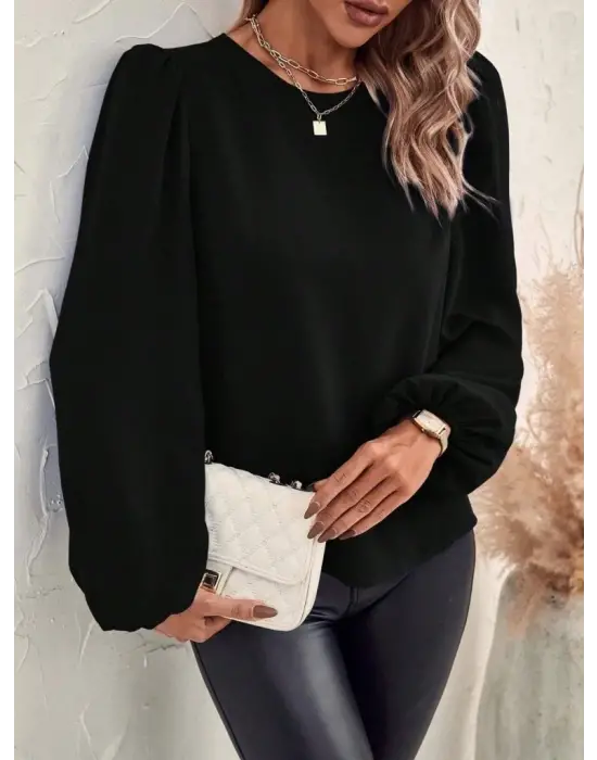 Kadın Uzun Kollu Yuvarlak Yaka Arkadan Bağcıklı Salaş Ithal Krep Bluz