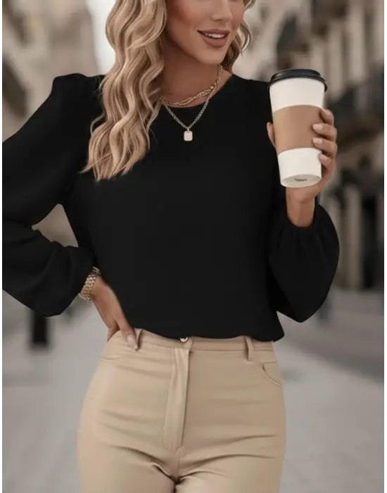 Kadın Uzun Kollu Yuvarlak Yaka Arkadan Bağcıklı Salaş Ithal Krep Bluz