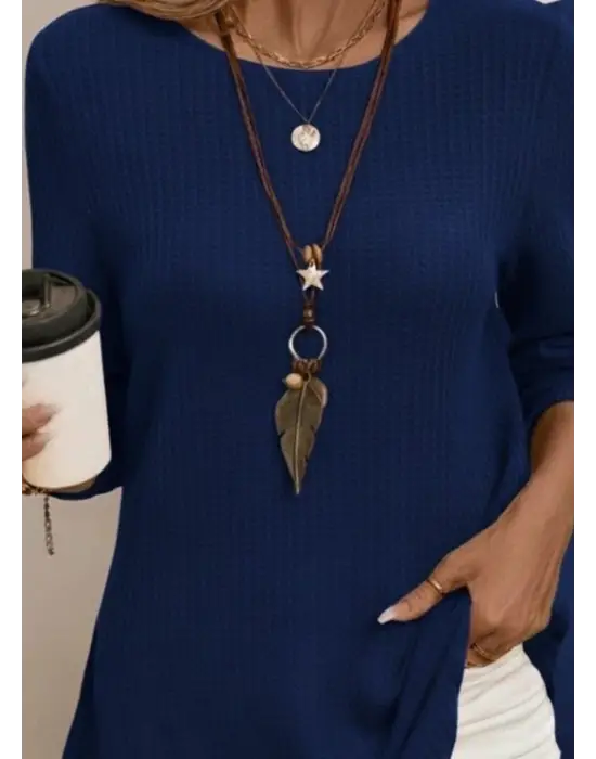 Kadın Uzun Kollu Yuvarlak Yaka Arkadan Düğmeli Waffle Bluz