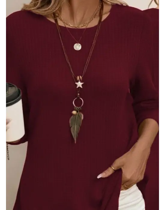 Kadın Uzun Kollu Yuvarlak Yaka Arkadan Düğmeli Waffle Bluz