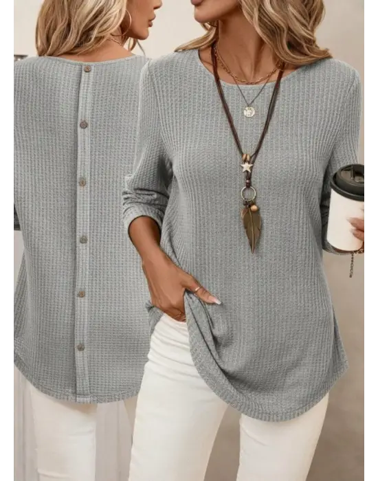 Kadın Uzun Kollu Yuvarlak Yaka Arkadan Düğmeli Waffle Bluz