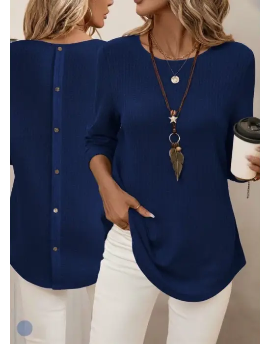 Kadın Uzun Kollu Yuvarlak Yaka Arkadan Düğmeli Waffle Bluz