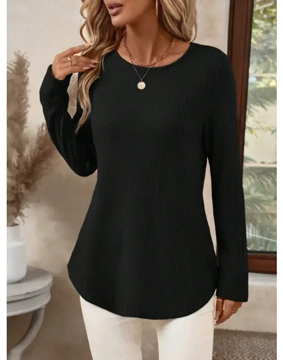 Kadın Uzun Kollu Yuvarlak Yaka Arkadan Düğmeli Waffle Bluz