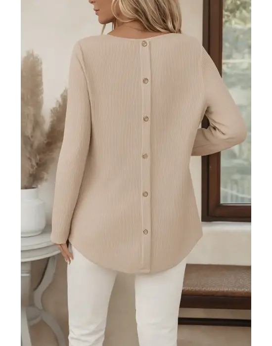 Kadın Uzun Kollu Yuvarlak Yaka Arkadan Düğmeli Waffle Bluz