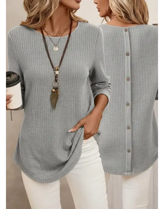 Kadın Uzun Kollu Yuvarlak Yaka Arkadan Düğmeli Waffle Bluz