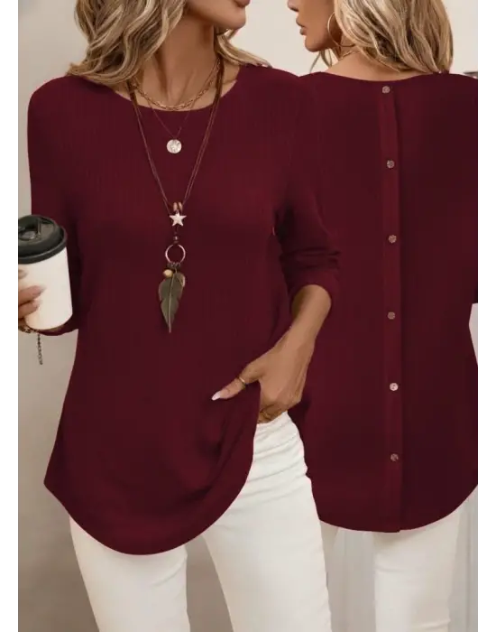 Kadın Uzun Kollu Yuvarlak Yaka Arkadan Düğmeli Waffle Bluz