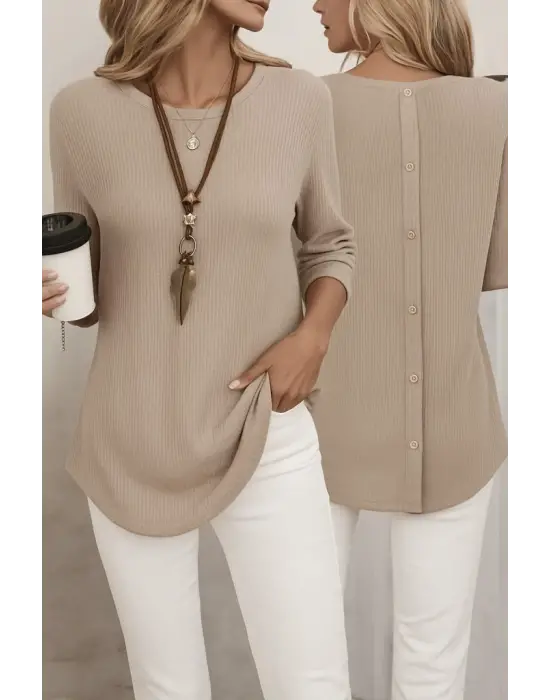 Kadın Uzun Kollu Yuvarlak Yaka Arkadan Düğmeli Waffle Bluz