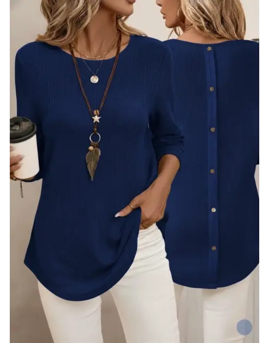 Kadın Uzun Kollu Yuvarlak Yaka Arkadan Düğmeli Waffle Bluz