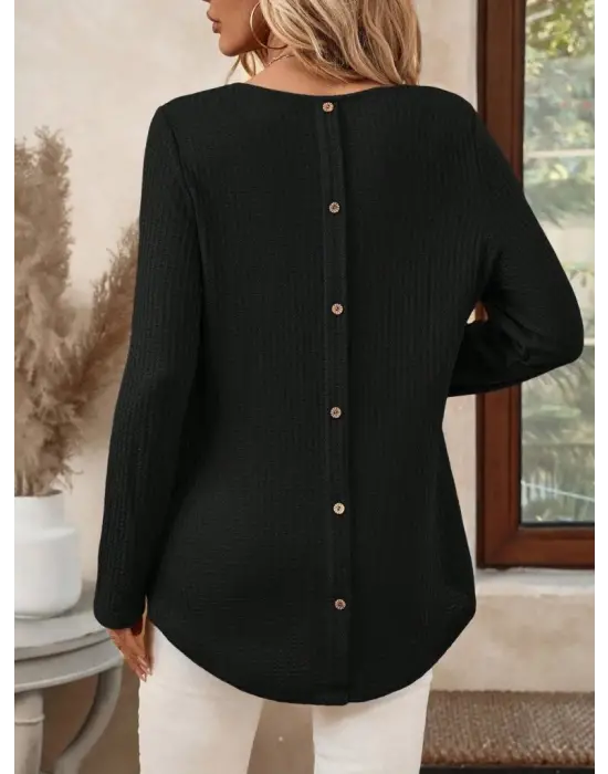 Kadın Uzun Kollu Yuvarlak Yaka Arkadan Düğmeli Waffle Bluz