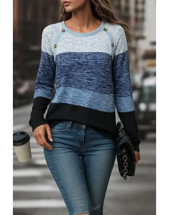 Kadın Uzun Kollu Yuvarlak Yaka Baskılı Düğme Detay Süprem Bluz