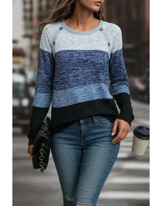 Kadın Uzun Kollu Yuvarlak Yaka Baskılı Düğme Detay Süprem Bluz