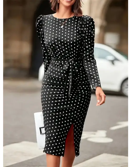 Kadın Uzun Kollu Yuvarlak Yaka Belden Kuşaklı önden Yırtmaçlı örme Krep Elbise