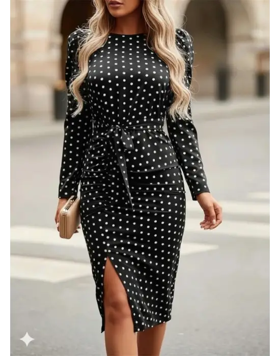 Kadın Uzun Kollu Yuvarlak Yaka Belden Kuşaklı önden Yırtmaçlı örme Krep Elbise