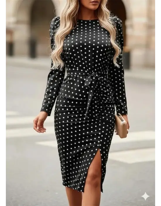 Kadın Uzun Kollu Yuvarlak Yaka Belden Kuşaklı önden Yırtmaçlı örme Krep Elbise