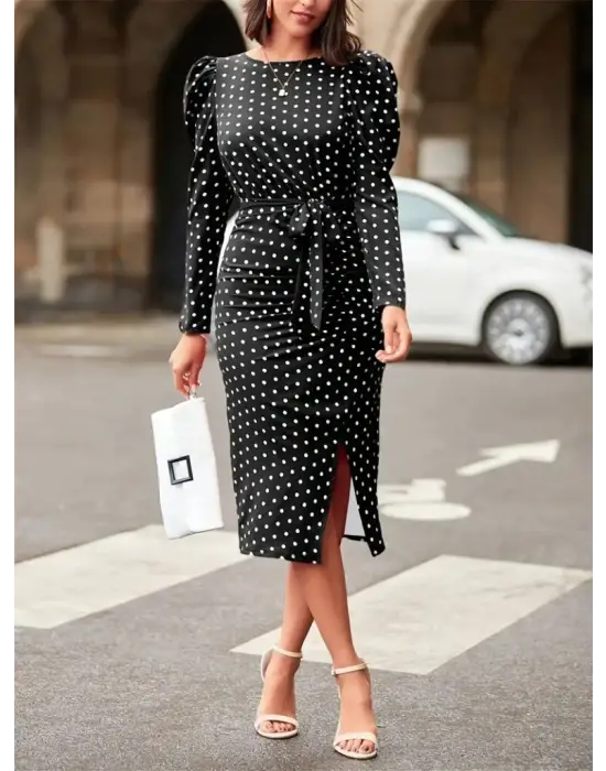 Kadın Uzun Kollu Yuvarlak Yaka Belden Kuşaklı önden Yırtmaçlı örme Krep Elbise