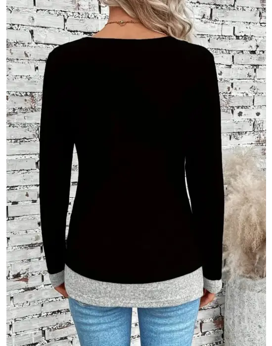 Kadın Uzun Kollu Yuvarlak Yaka Blok Renkli Yandan Düğmeli Viskon Bluz