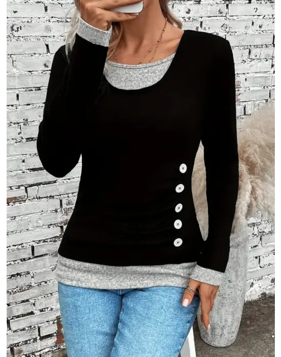 Kadın Uzun Kollu Yuvarlak Yaka Blok Renkli Yandan Düğmeli Viskon Bluz