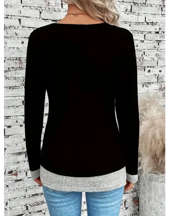 Kadın Uzun Kollu Yuvarlak Yaka Blok Renkli Yandan Düğmeli Viskon Bluz