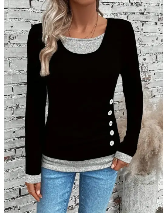 Kadın Uzun Kollu Yuvarlak Yaka Blok Renkli Yandan Düğmeli Viskon Bluz