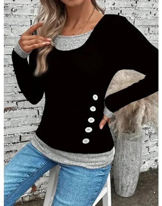 Kadın Uzun Kollu Yuvarlak Yaka Blok Renkli Yandan Düğmeli Viskon Bluz