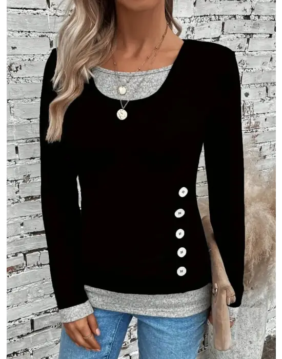 Kadın Uzun Kollu Yuvarlak Yaka Blok Renkli Yandan Düğmeli Viskon Bluz