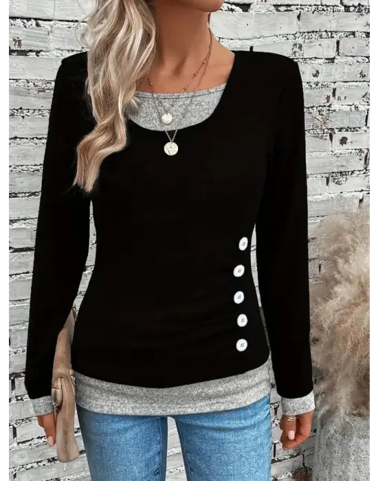 Kadın Uzun Kollu Yuvarlak Yaka Blok Renkli Yandan Düğmeli Viskon Bluz