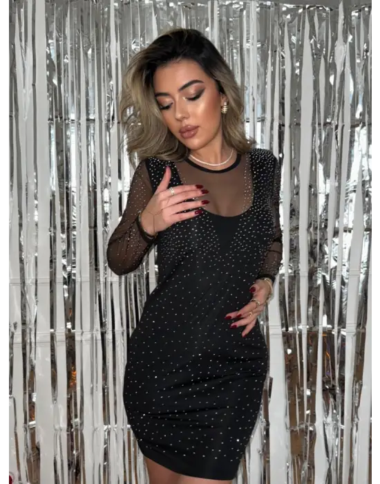 Kadın Uzun Kollu Yuvarlak Yaka Dekolteli Taşlı Dalgıç Elbise