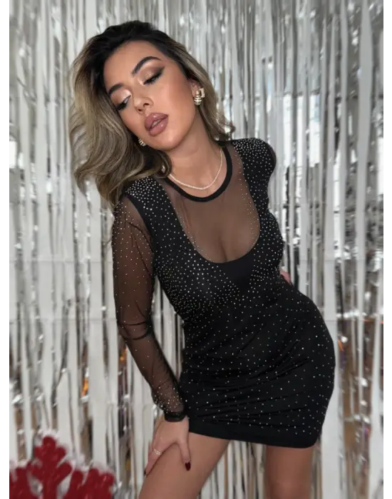 Kadın Uzun Kollu Yuvarlak Yaka Dekolteli Taşlı Dalgıç Elbise