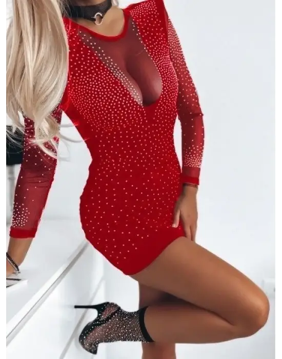 Kadın Uzun Kollu Yuvarlak Yaka Dekolteli Taşlı Dalgıç Elbise