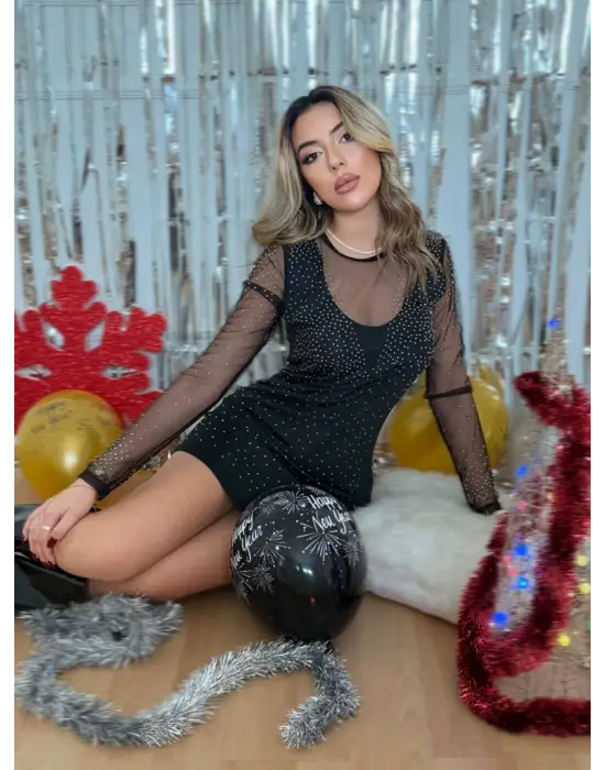 Kadın Uzun Kollu Yuvarlak Yaka Dekolteli Taşlı Dalgıç Elbise