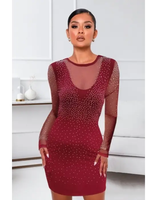 Kadın Uzun Kollu Yuvarlak Yaka Dekolteli Taşlı Dalgıç Elbise