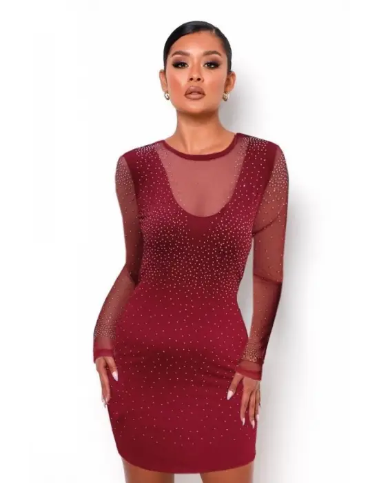 Kadın Uzun Kollu Yuvarlak Yaka Dekolteli Taşlı Dalgıç Elbise