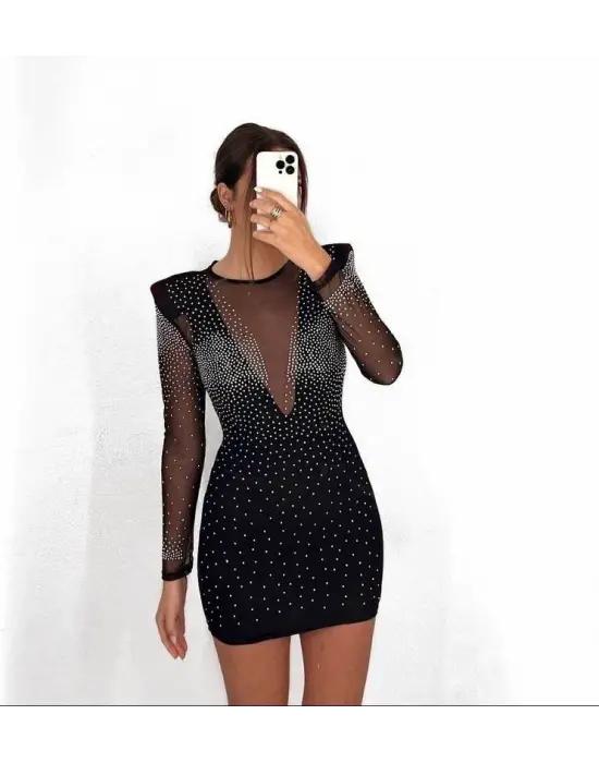 Kadın Uzun Kollu Yuvarlak Yaka Dekolteli Taşlı Dalgıç Elbise