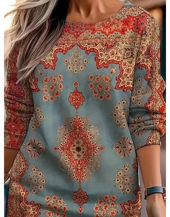 Kadın Uzun Kollu Yuvarlak Yaka Desenli Mini Modal Elbise