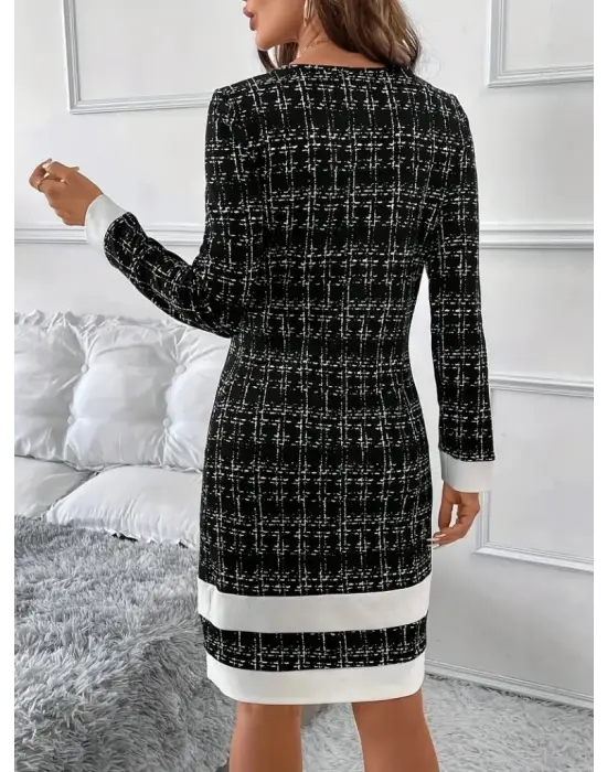 Kadın Uzun Kollu Yuvarlak Yaka Etek Ucu şerit Detaylı Kısa Dokuma Elbise