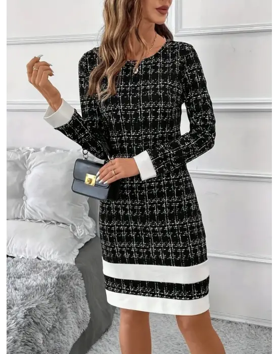 Kadın Uzun Kollu Yuvarlak Yaka Etek Ucu şerit Detaylı Kısa Dokuma Elbise