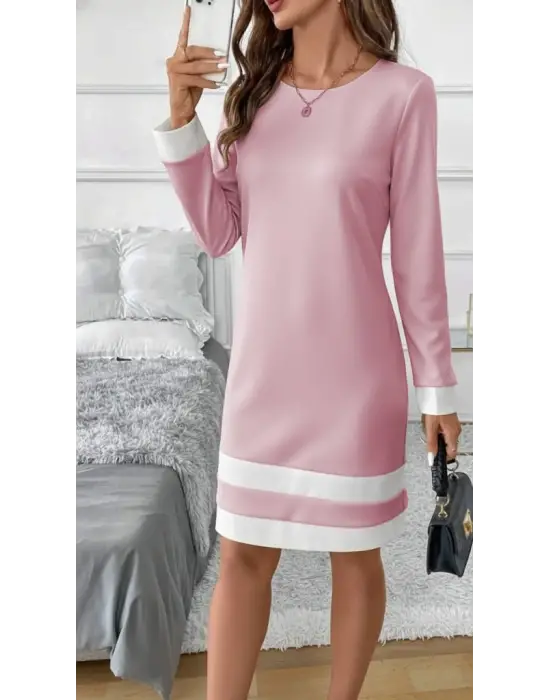 Kadın Uzun Kollu Yuvarlak Yaka Etek Ucu şerit Detaylı Mini Dalgıç Elbise