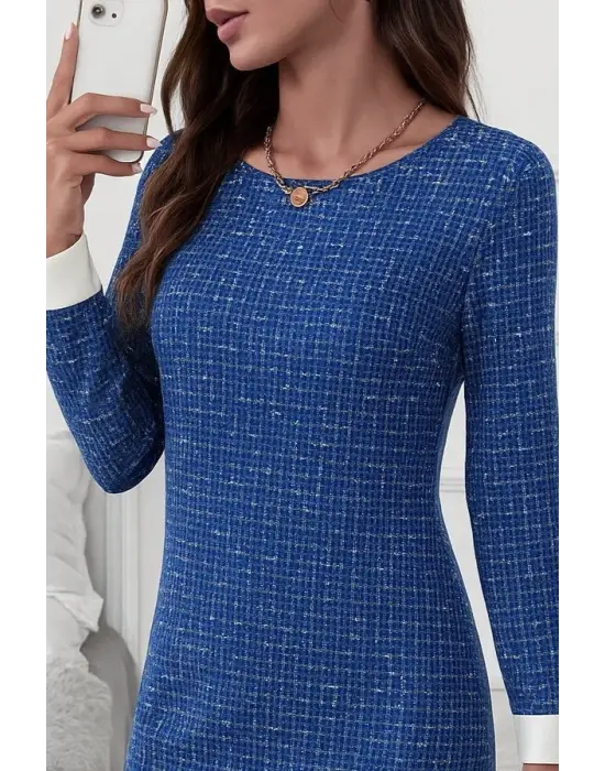 Kadın Uzun Kollu Yuvarlak Yaka Etek Ucu şerit Detaylı Mini Dokuma Elbise