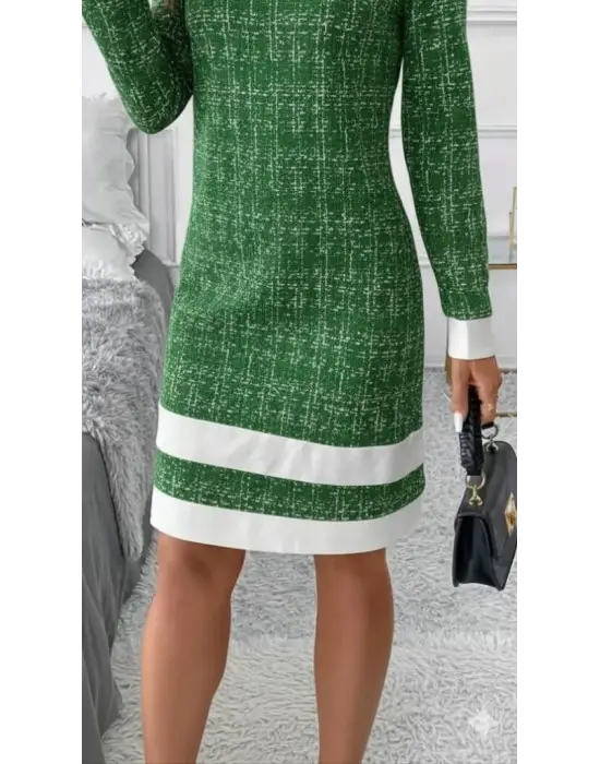 Kadın Uzun Kollu Yuvarlak Yaka Etek Ucu şerit Detaylı Mini Dokuma Elbise