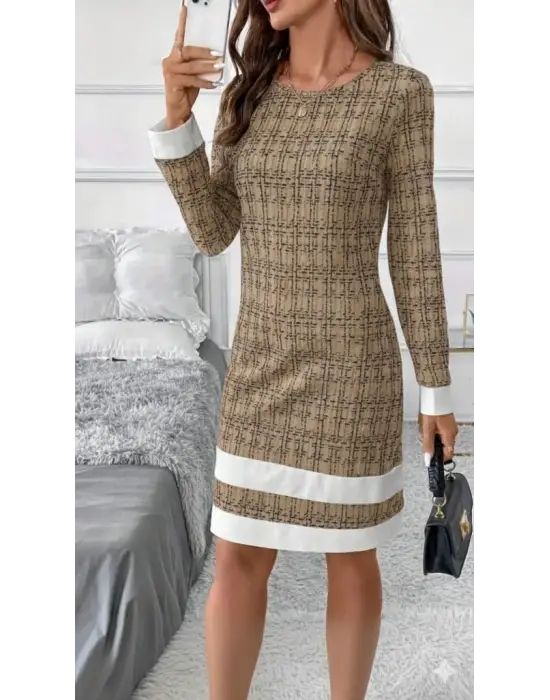 Kadın Uzun Kollu Yuvarlak Yaka Etek Ucu şerit Detaylı Mini Dokuma Elbise