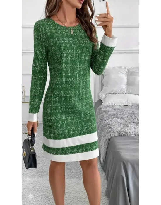 Kadın Uzun Kollu Yuvarlak Yaka Etek Ucu şerit Detaylı Mini Dokuma Elbise