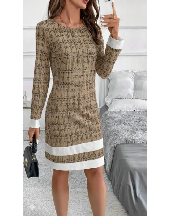 Kadın Uzun Kollu Yuvarlak Yaka Etek Ucu şerit Detaylı Mini Dokuma Elbise