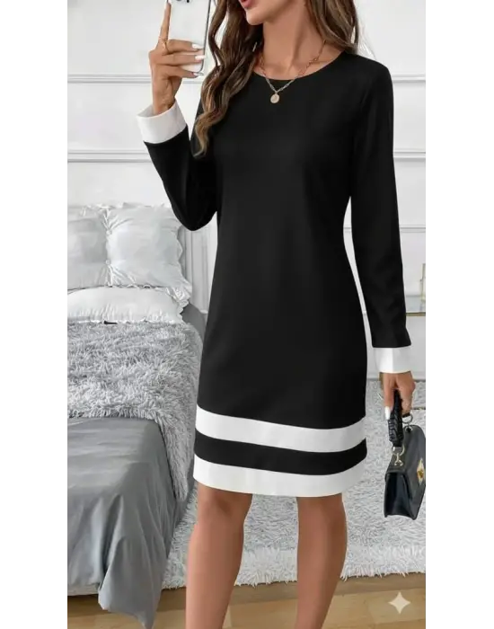 Kadın Uzun Kollu Yuvarlak Yaka Etek Ucu şerit Detaylı Mini Siyah Beyaz Dalgıç Elbise