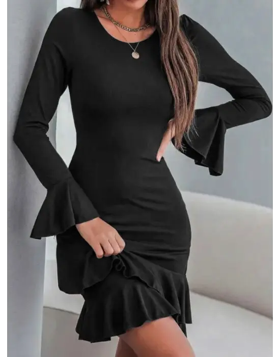 Göz Alıcı Fırfırlı Kol Ucu Volanlı Mini Elbise