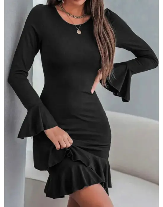 Kadın Uzun Kollu Yuvarlak Yaka Fırfırlı Kol Ucu Volanlı Janjan Krep Mini Elbise