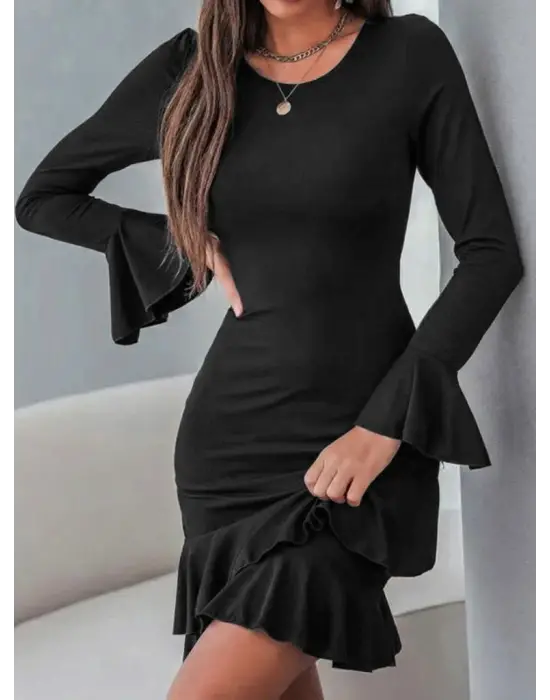 Göz Alıcı Fırfırlı Kol Ucu Volanlı Mini Elbise